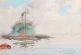Oscar Tecídio (1926-1995), Barcos ao largo - Óleo sobre eucatex. Datado 1989.