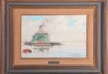 Oscar Tecídio (1926-1995), Barcos ao largo - Óleo sobre eucatex. Datado 1989.