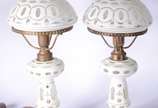 Par de abatjoures de overlay branco com flores ... - Par de abatjoures de overlay branco com flores em policromia, guarnição de metal dourado.