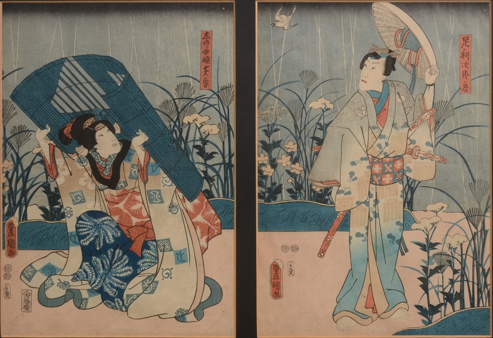 Gravura dupla oriental emoldurada, representando gueixas. - foto 1 de 7