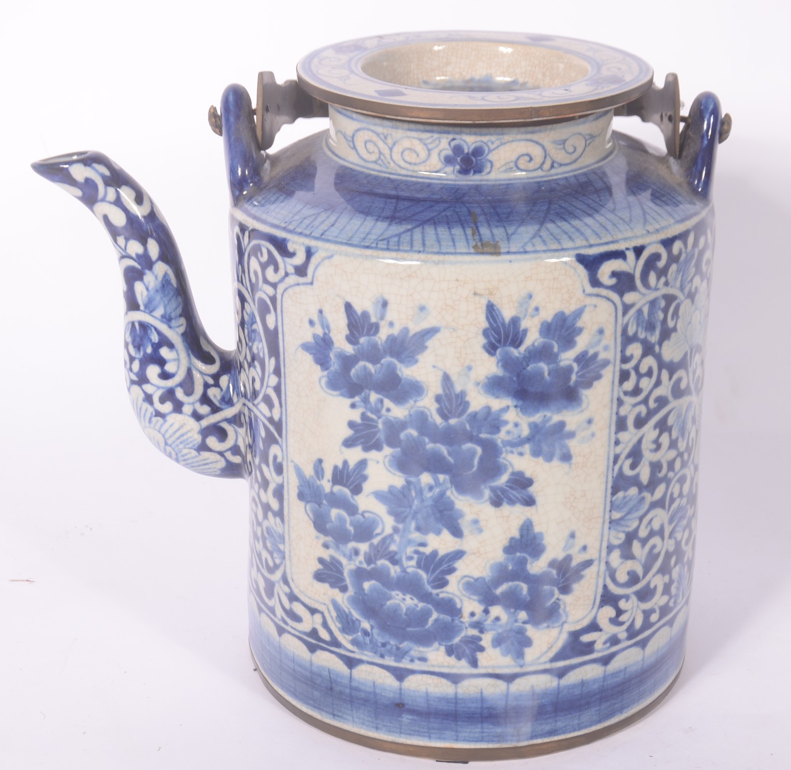 Grande chaleira decorativa de porcelana oriental em tons de azul e... - foto 1 de 8