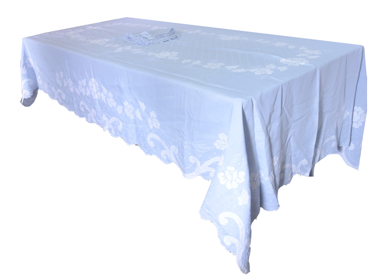 Toalha de mesa de linho azul com bordados. Acompanham 12 guardanapos. - foto 1 de 10