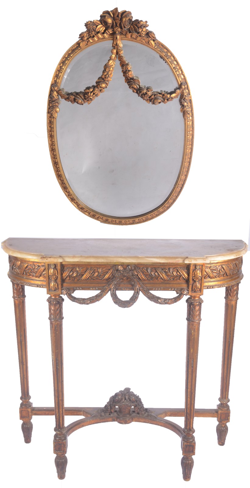 Console de madeira dourada feitio meia lua com tampo de mármore, saia... - foto 1 de 11