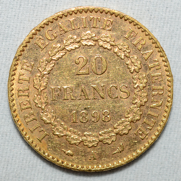 VINTE FRANCOS - Moeda - França, 1898 - Peso 6,45 g - Perfeita. Título... - foto 2 de 2
