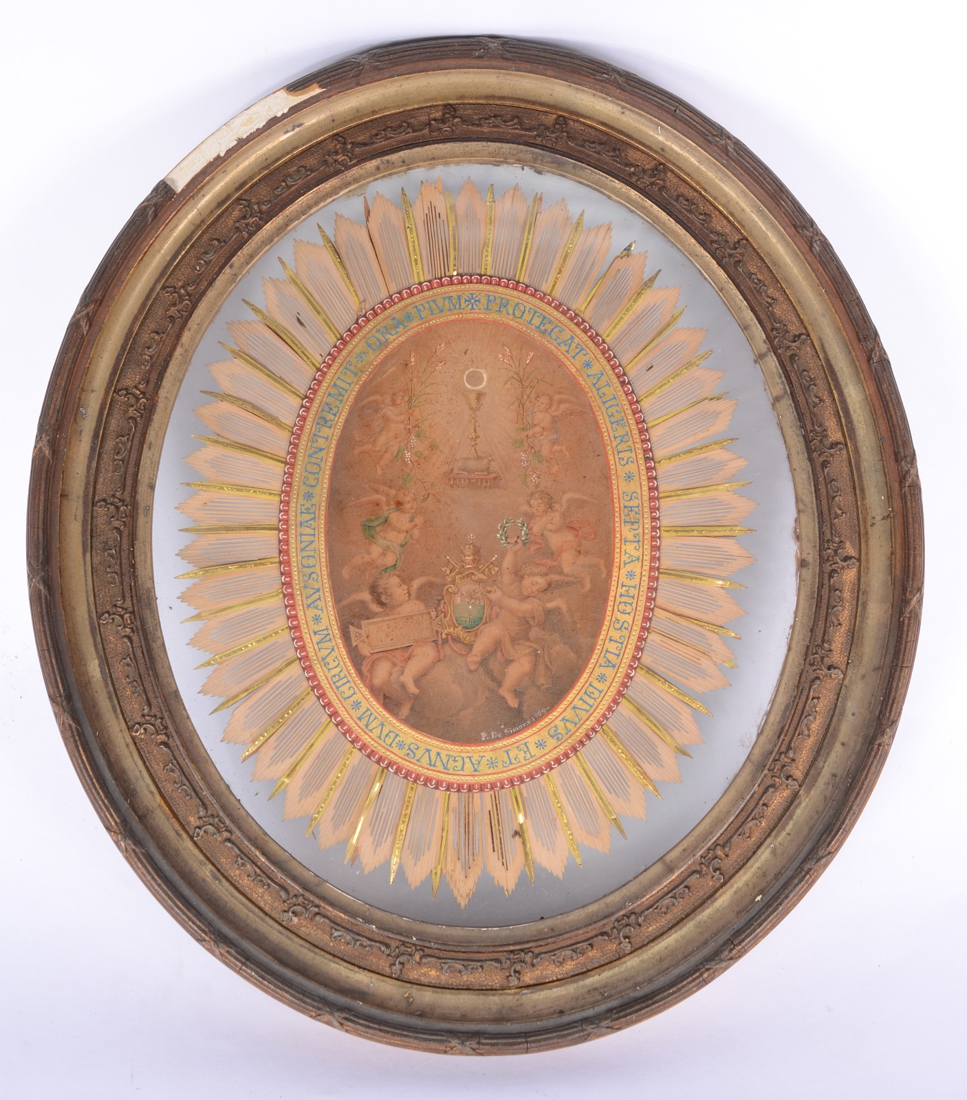 Peça sacra com figura de anjos e inscrições, assinada P. De Simone... - foto 1 de 5