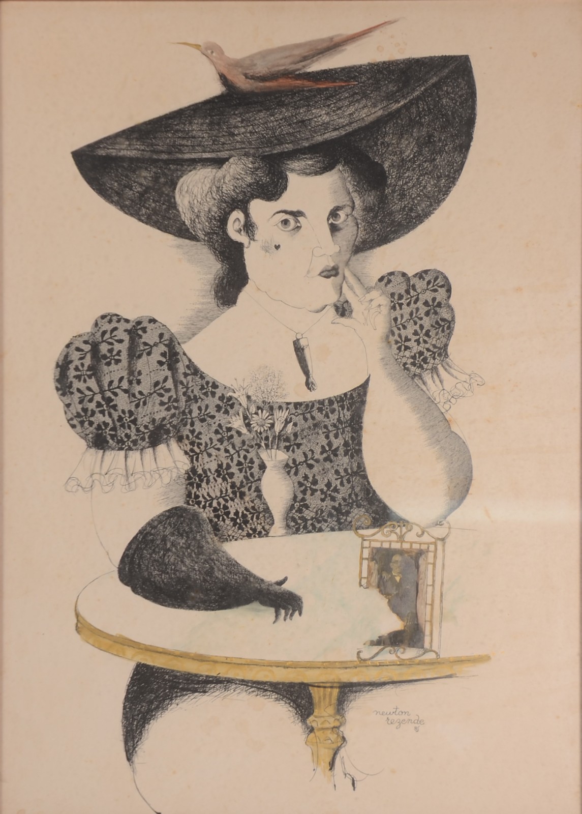 Newton Rezende (1912-1994), Mulher com chapéu e pássaro - foto 1 de 4