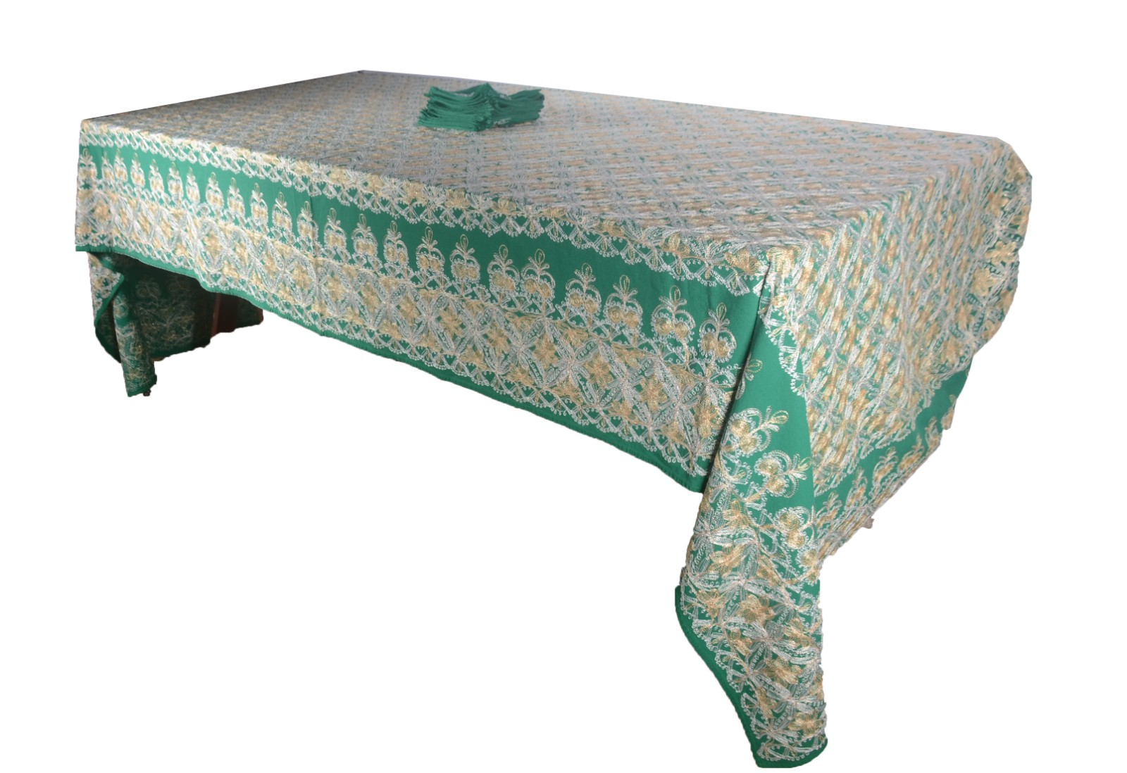 Toalha oriental de mesa na cor verde com bordados dourados... - foto 1 de 8