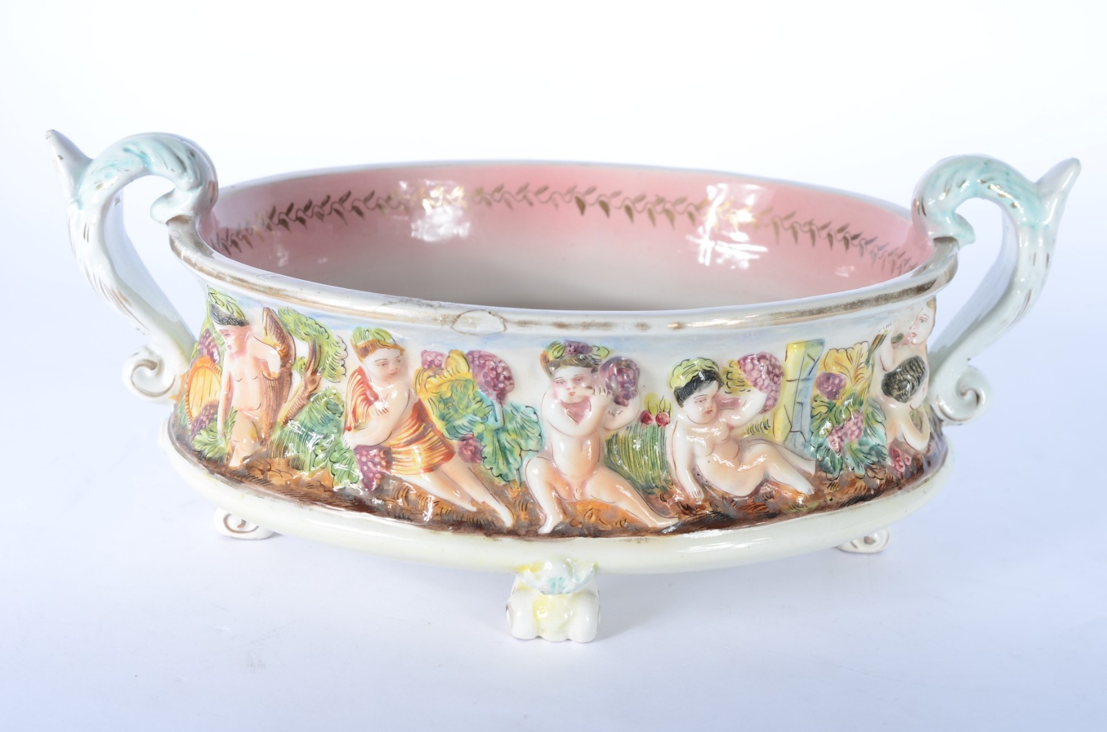 Fruteira de porcelana italiana Capo Di Monti, decorada com figuras de... - foto 1 de 6