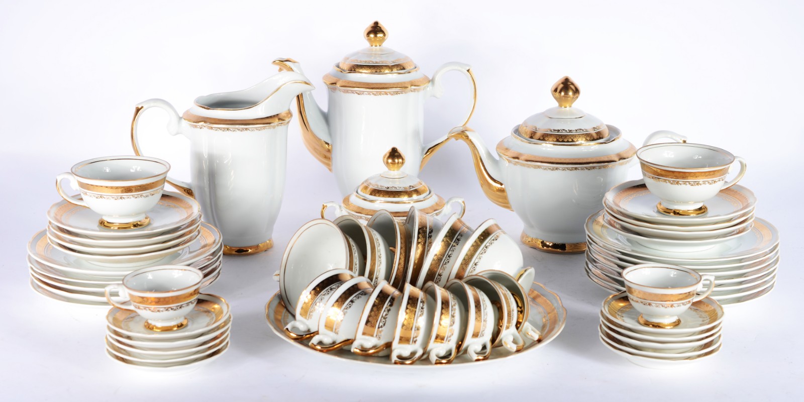 Aparelho de café, chá e bolo de porcelana Real, borda com friso... - foto 1 de 7