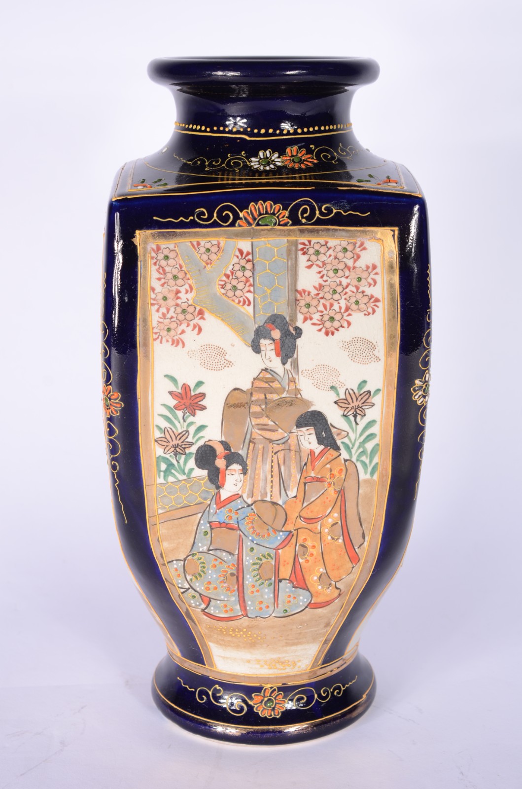 Vaso de faiança oriental, fundo azul cobalto com perolados e... - foto 1 de 9