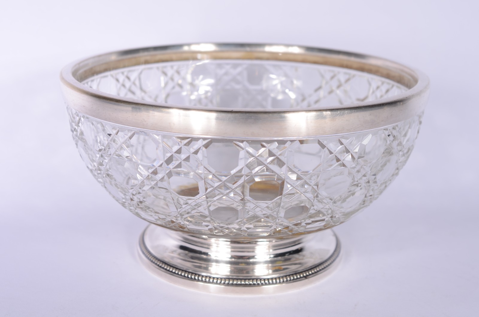 Bowl de cristal lapidação "tijolinho", borda de metal prateado. - foto 1 de 7