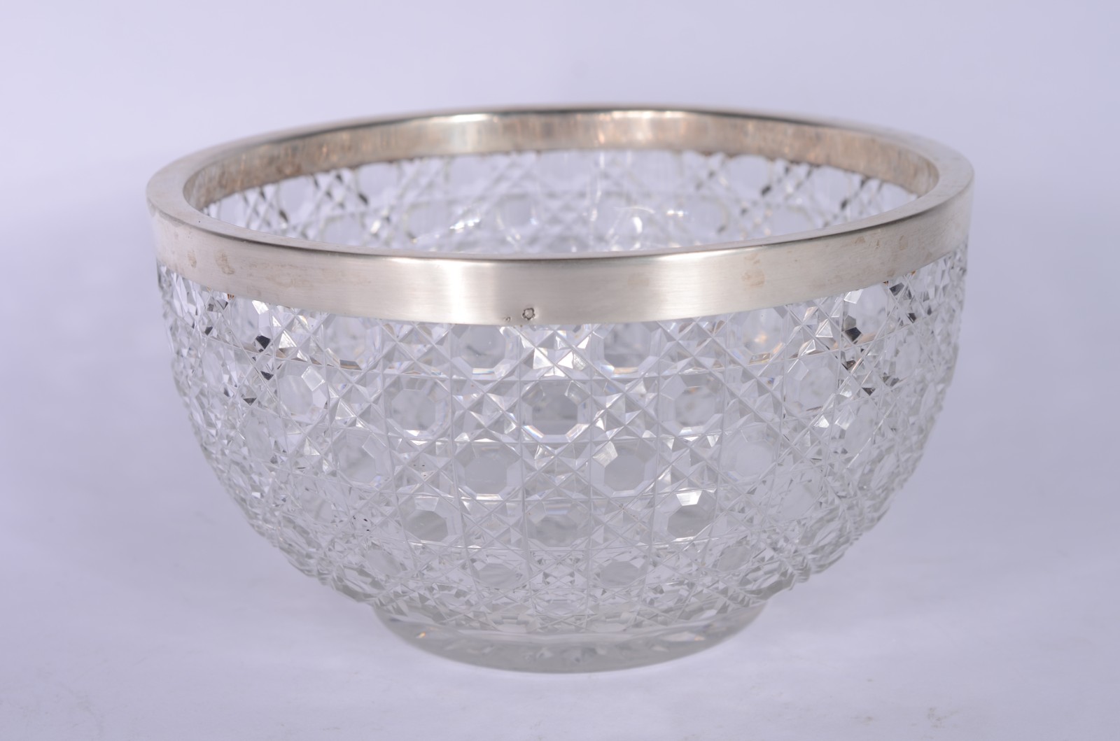 Bowl de cristal lapidação "tijolinho", borda de prata contrastada. - foto 1 de 7