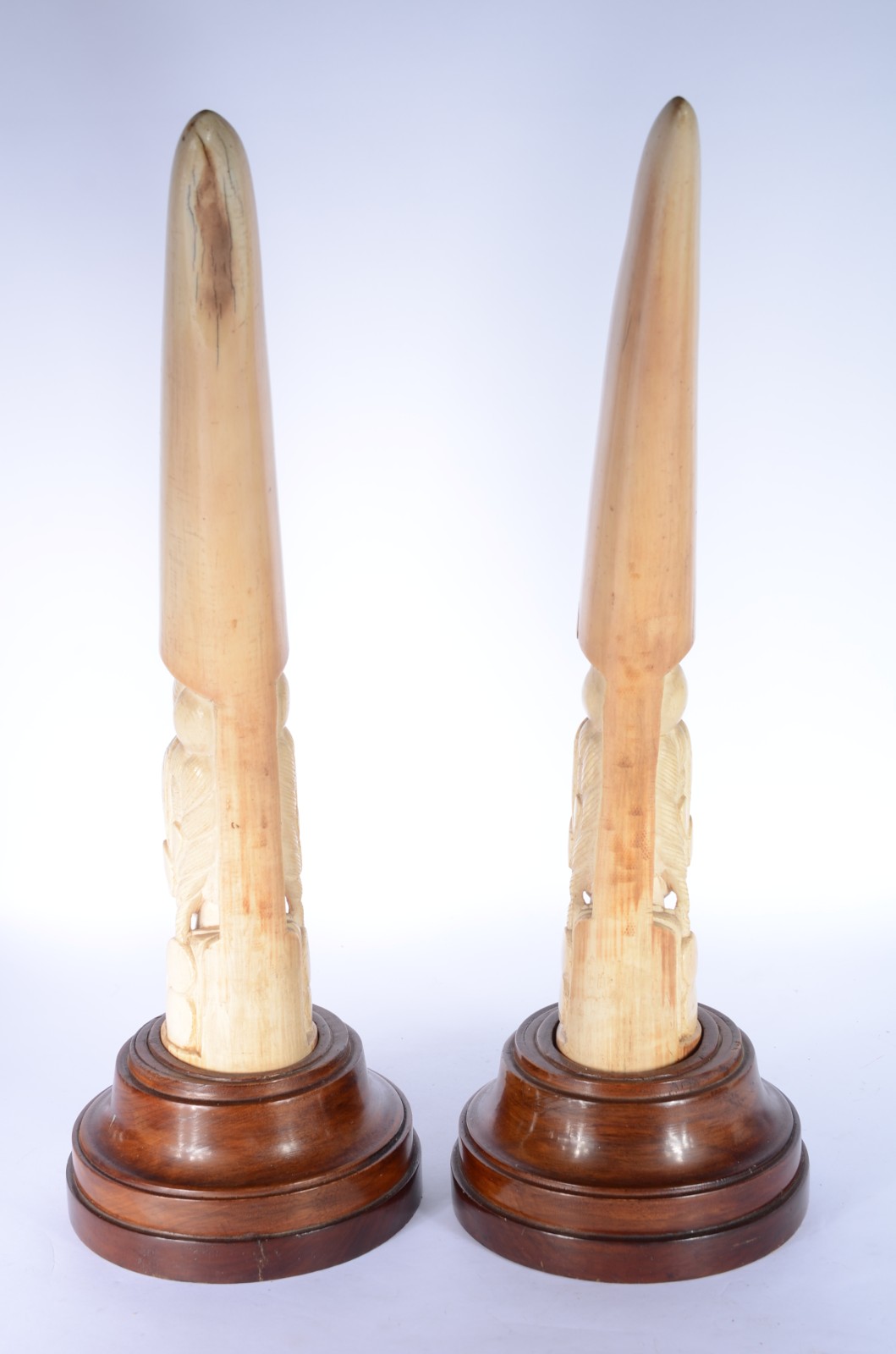 Par de presas de marfim com rostos esculpidos. Altura total: 65 cm. - foto 5 de 6