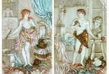 Karl Sterrer (Austria, 1844-1918), Escultor e P... - Par de placas de cerâmica policromada em relevo, pintadas à mão, representando figuras de escultor e pintora, da série Virtudes da Pintura e da ...