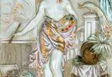 Karl Sterrer (Austria, 1844-1918), Escultor e P... - Par de placas de cerâmica policromada em relevo, pintadas à mão, representando figuras de escultor e pintora, da série Virtudes da Pintura e da ...