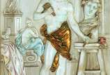 Karl Sterrer (Austria, 1844-1918), Escultor e P... - Par de placas de cerâmica policromada em relevo, pintadas à mão, representando figuras de escultor e pintora, da série Virtudes da Pintura e da ...