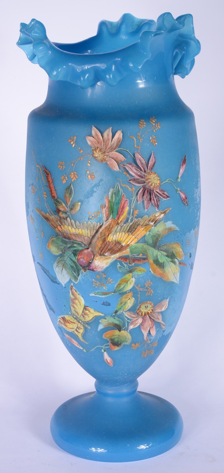 Vaso de opalina azul com pássaros e flores em policromia. (restaurado... - foto 1 de 8