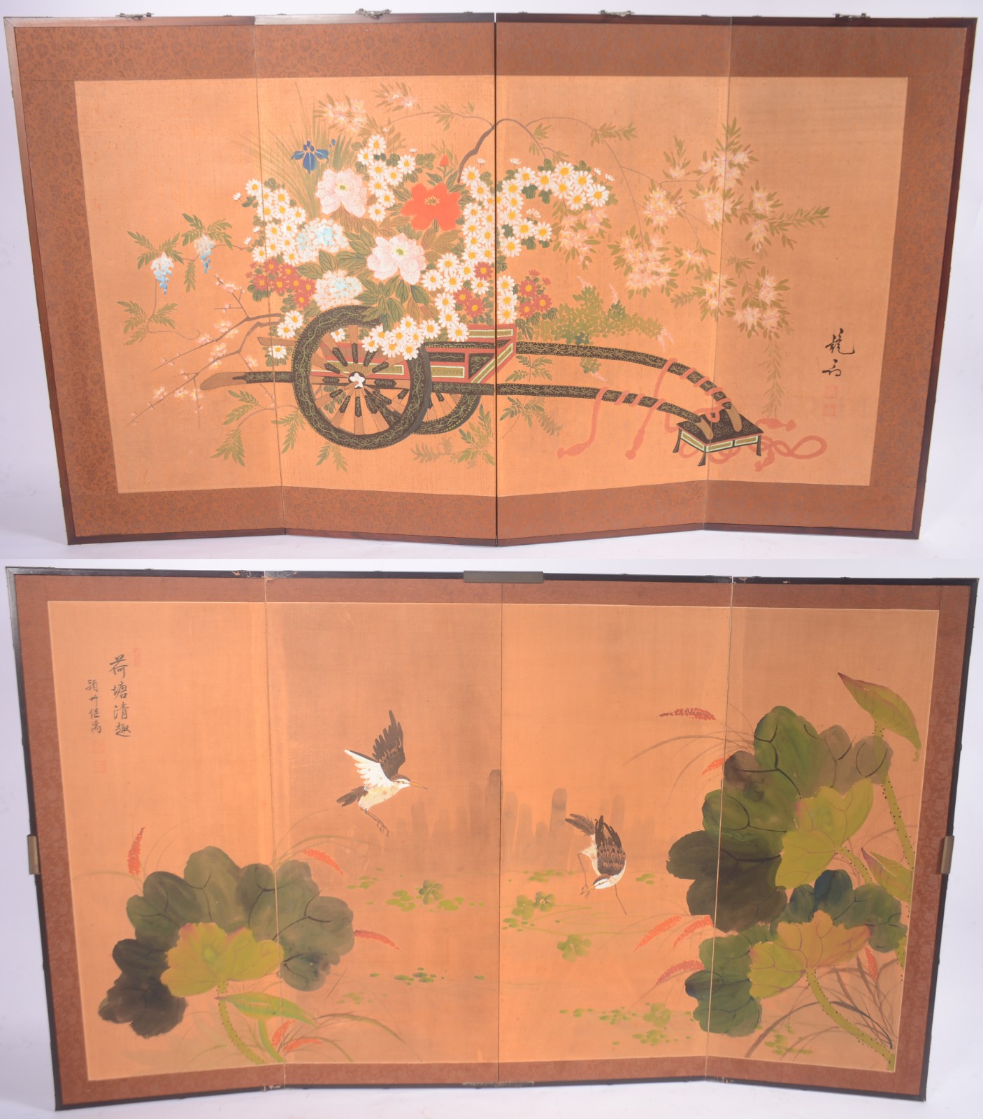 Duas pinturas orientais com motivos florais, em painéis articulados... - foto 1 de 7