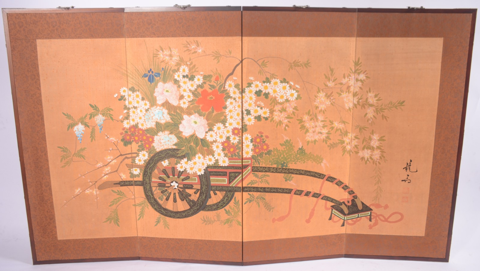 Duas pinturas orientais com motivos florais, em painéis articulados... - foto 3 de 7