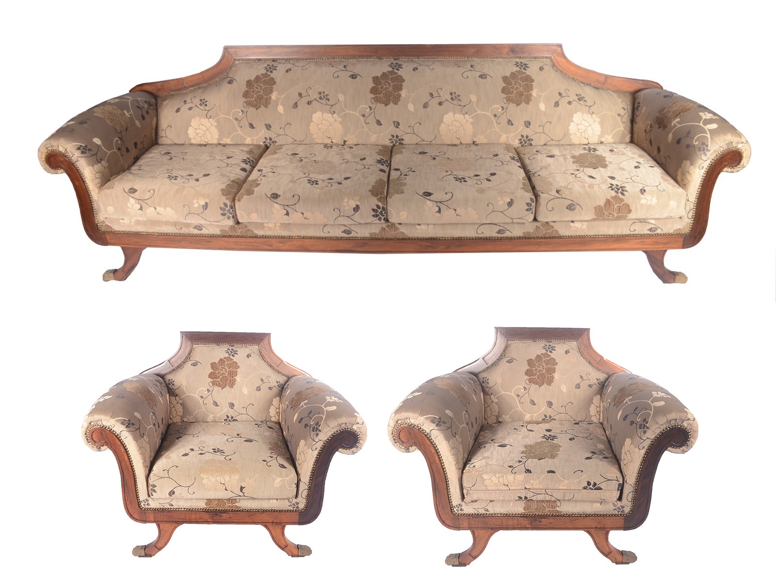 Conjunto de sofá e par de poltronas de jacarandá com estofamento... - foto 1 de 6