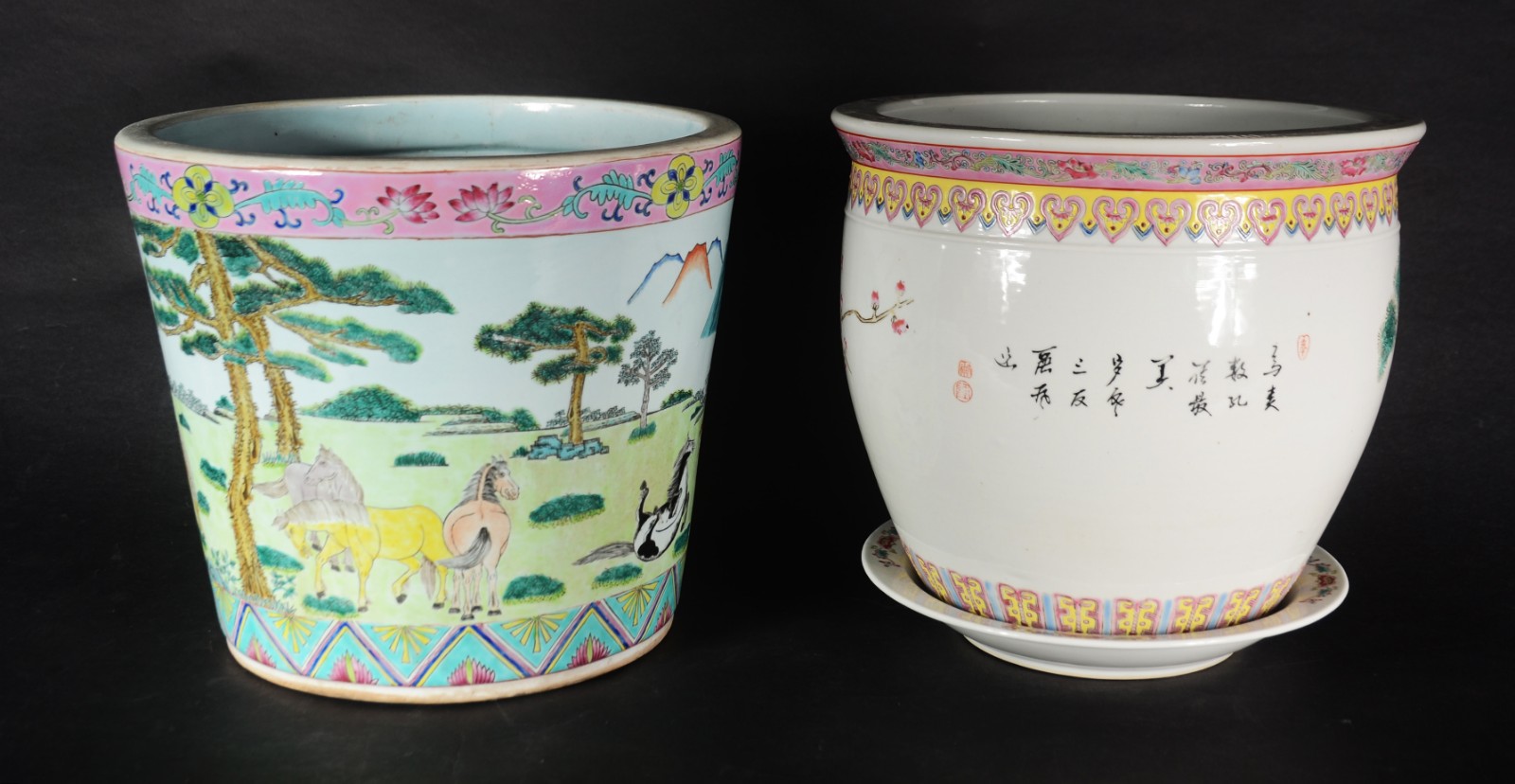 Dois cachepots de porcelana chinesa, um deles com prato e decorado... - foto 4 de 11