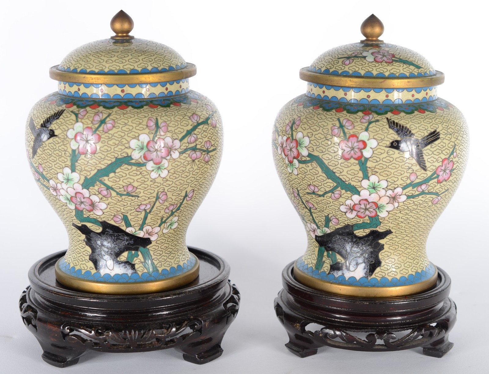 Par de potiches de cloisonné oriental decorados com flores e pássaros... - foto 1 de 5