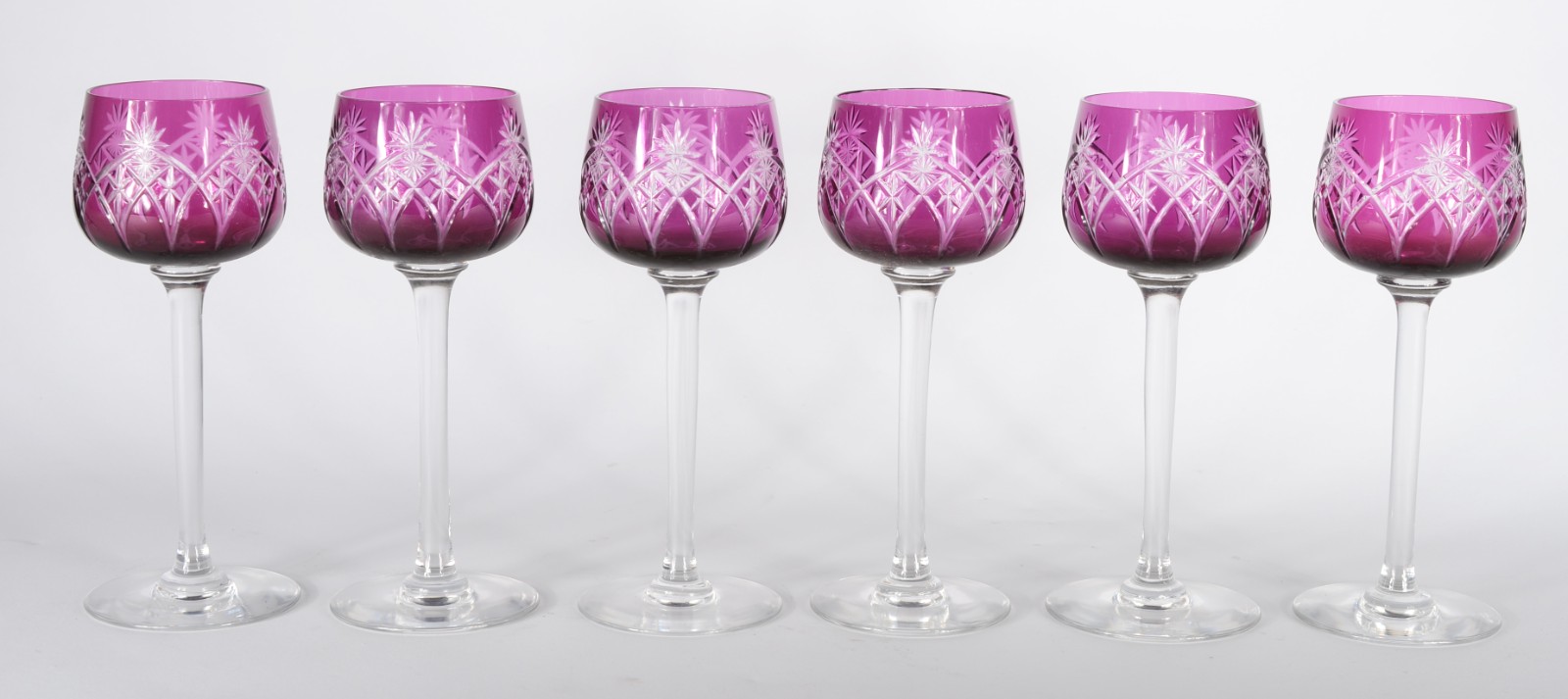Seis cálices para vinho branco de cristal europeu doublé lilás... - foto 1 de 5