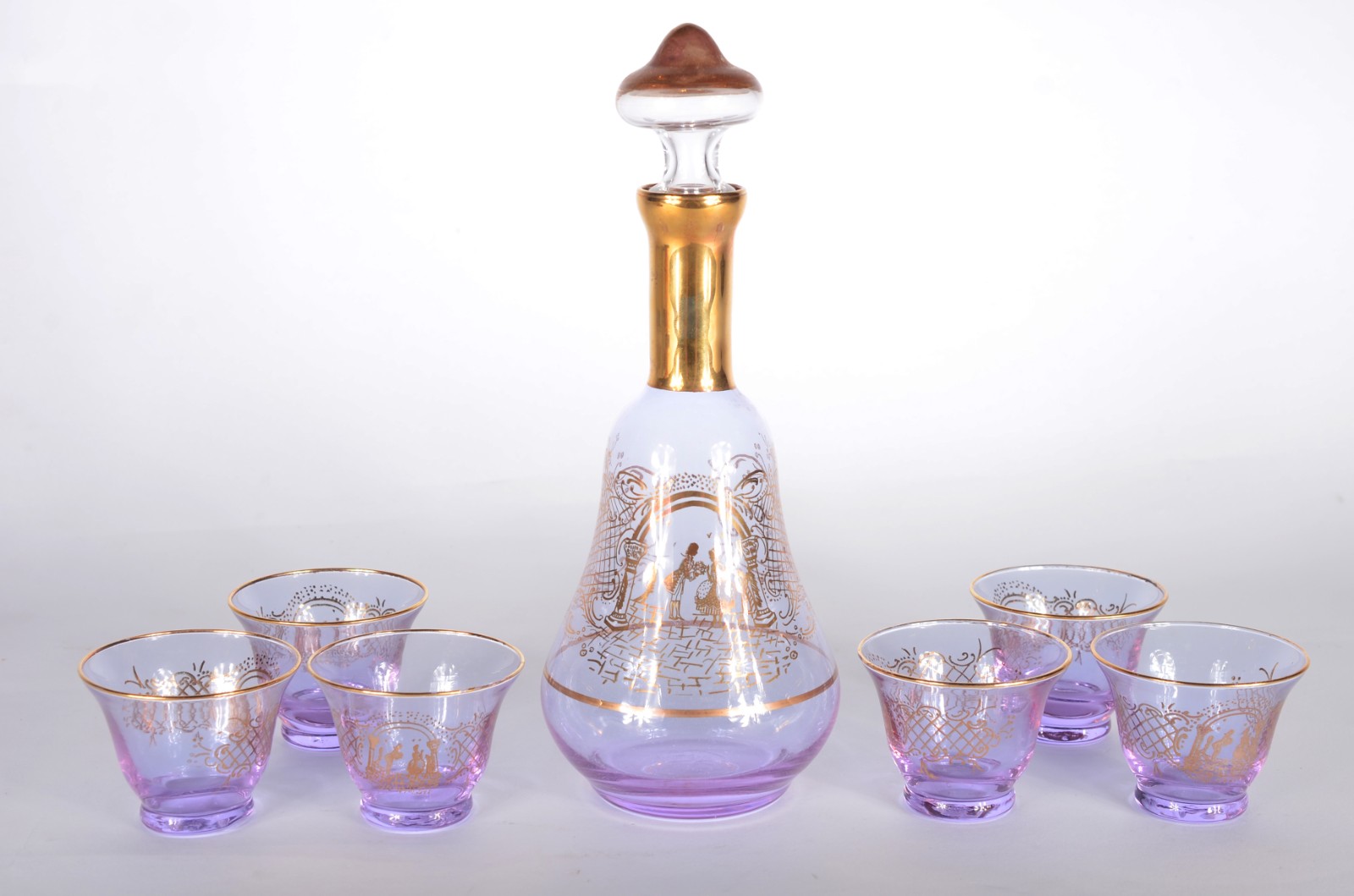 Conjunto de licoreira com 6 copinhos de murano lilás e detalhes... - foto 1 de 6