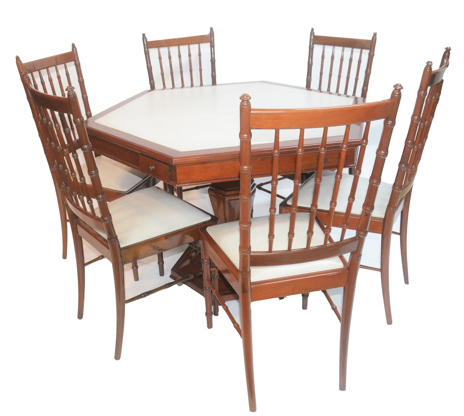 Mesa sextavada de madeira clara, gavetinhas laterais, tampo... - foto 1 de 11