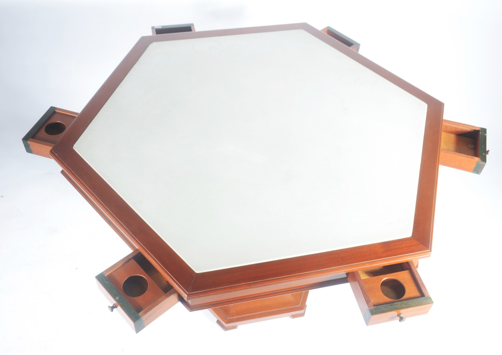 Mesa sextavada de madeira clara, gavetinhas laterais, tampo... - foto 3 de 11