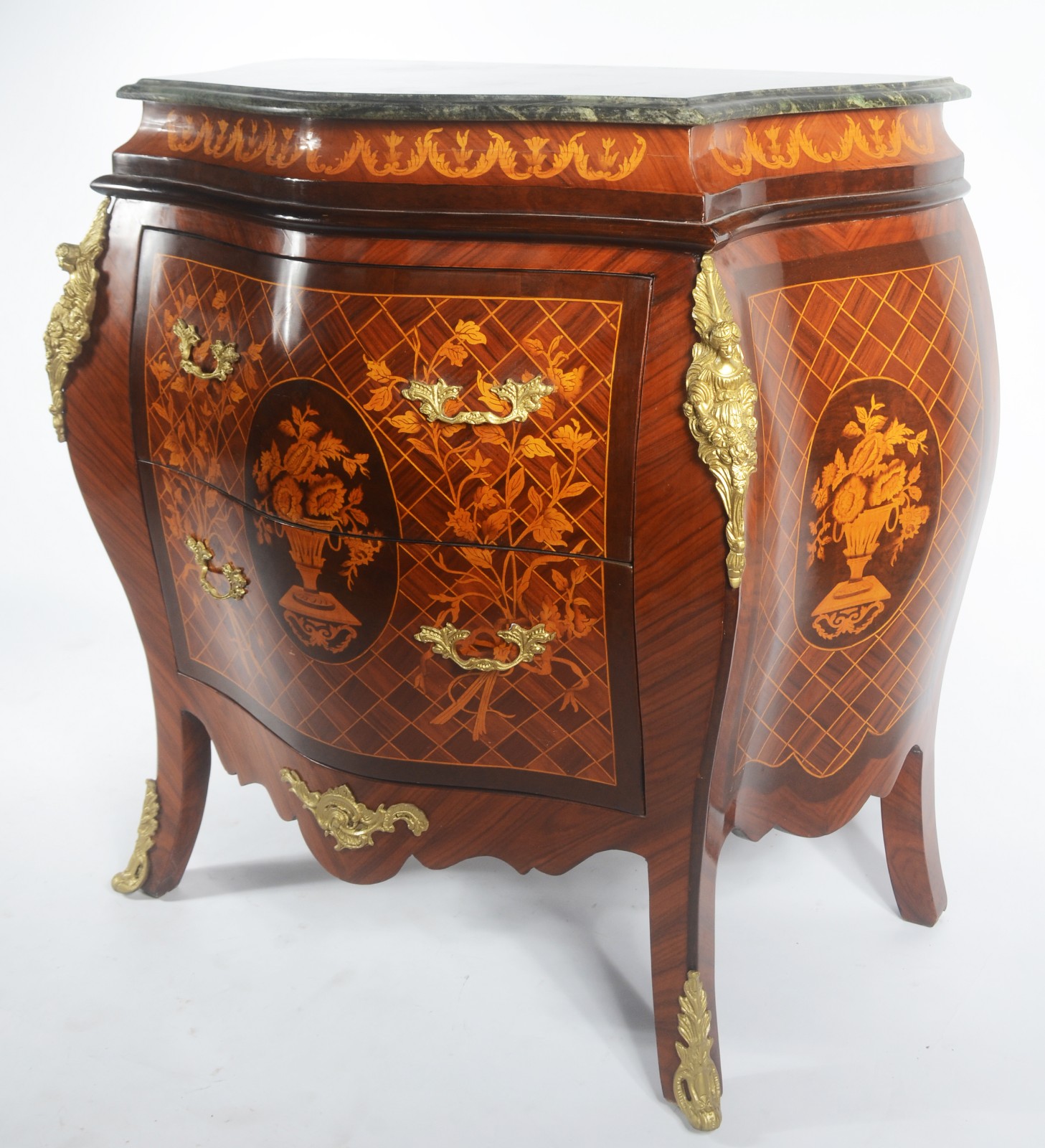 Cômoda estilo francês de madeira marchetada com duas gavetas, tampo... - foto 1 de 9