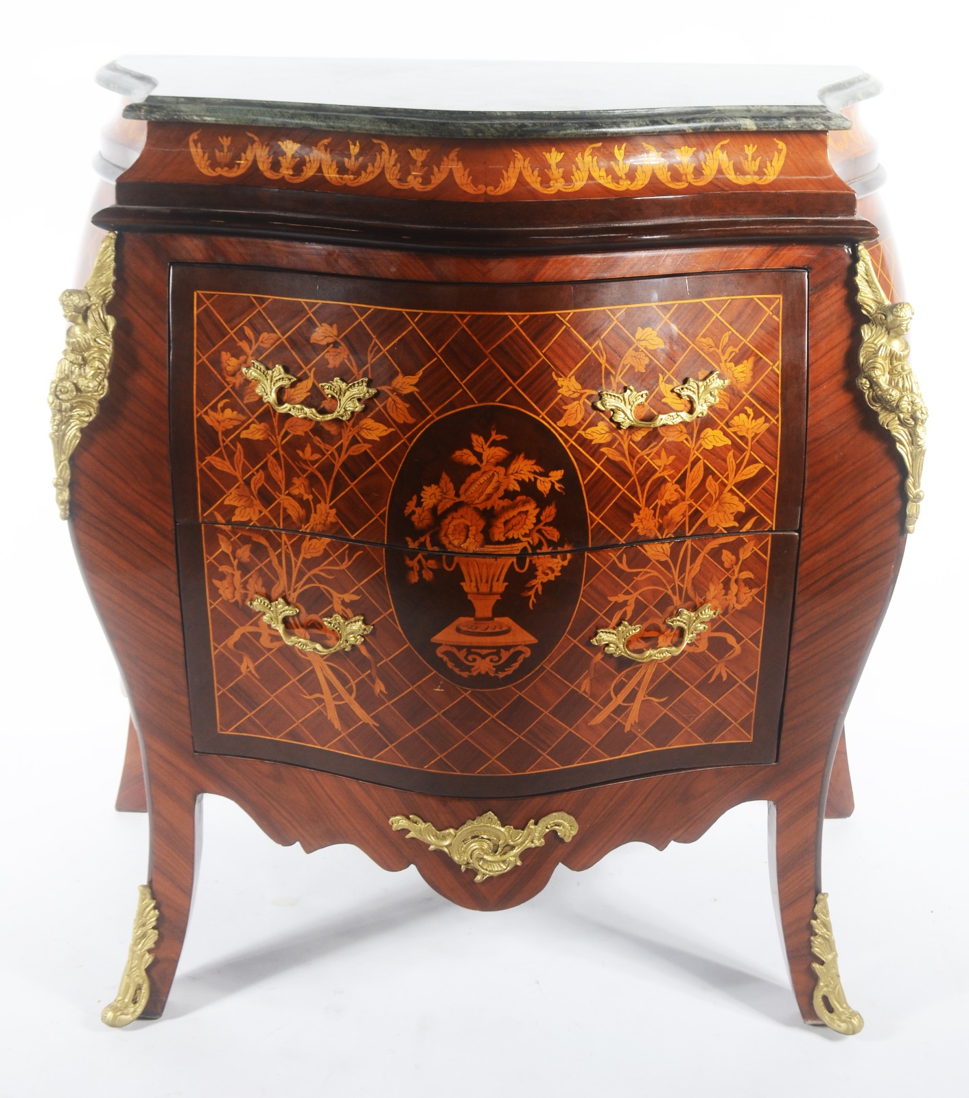 Cômoda estilo francês de madeira marchetada com duas gavetas, tampo... - foto 2 de 9