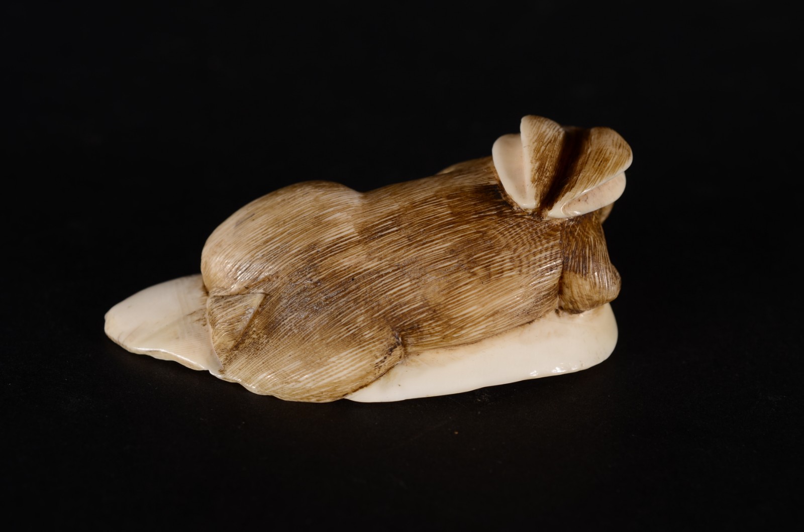 Netsuke de marfim oriental representando coelho sobre folha. - foto 3 de 5