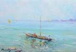 Manoel Santiago (1897-1987), Marinha com barco - Óleo sobre eucatex.