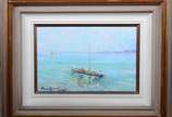 Manoel Santiago (1897-1987), Marinha com barco - Óleo sobre eucatex.