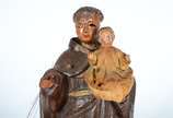 Santo Antônio com menino - Antiga Imagem de mad... - Santo Antônio com menino - Antiga Imagem de madeira policromada e dourada. Desgastes.