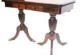 Mesa/aparador console de madeira nobre, duas ga... - Mesa/aparador console de madeira nobre, duas gavetas, tampo dobrável,  base em duplo balaústre canelado terminando em três pernas recurvas cada,...