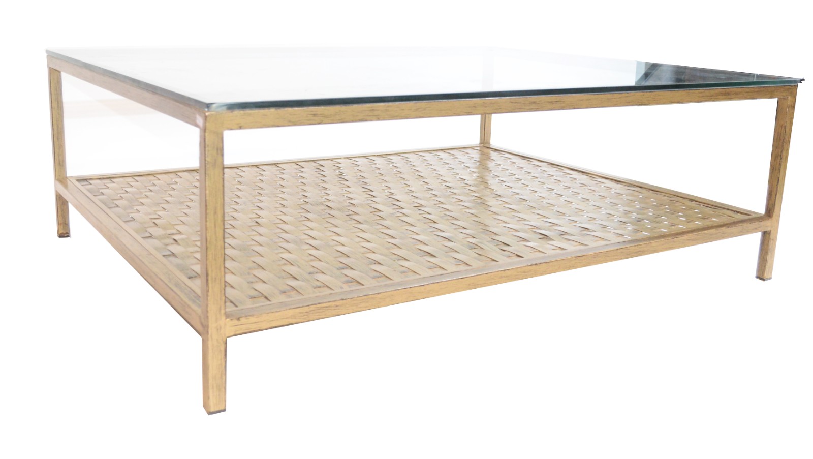 Mesa de centro de metal patinado, tampo de vidro e platô inferior em... - foto 1 de 6