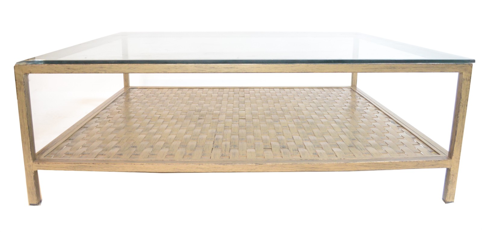 Mesa de centro de metal patinado, tampo de vidro e platô inferior em... - foto 2 de 6