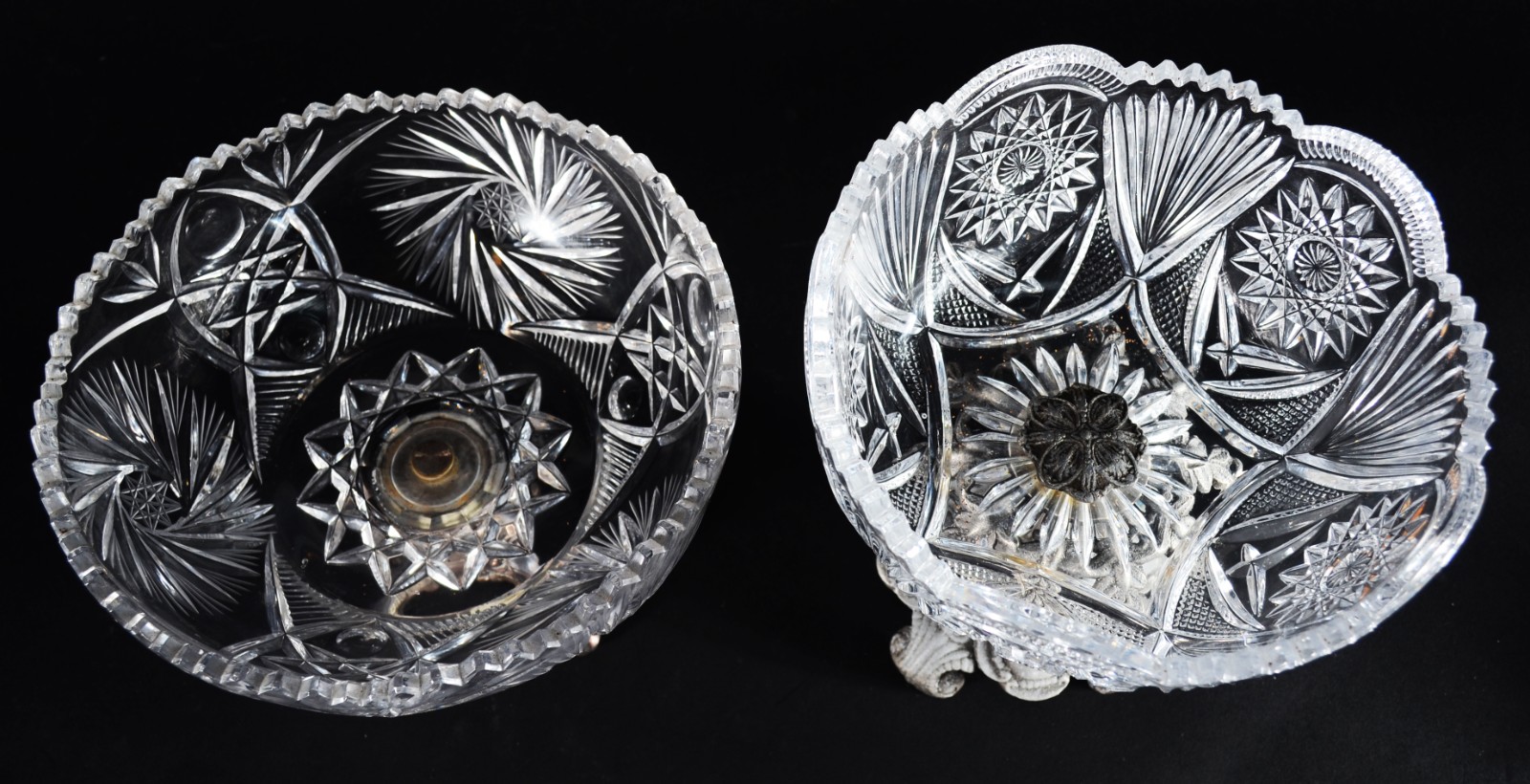 Duas fruteiras de cristal europeu lapidado, bases de metal. - foto 6 de 10