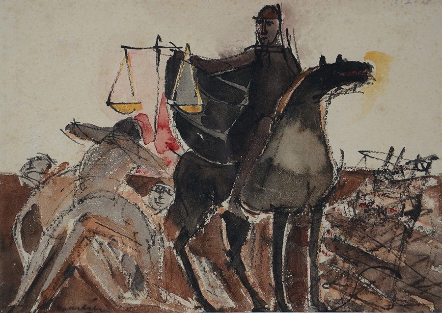 EMERIC MARCIER (1916 - 1990) - Figuras com cavalo - aquarela - 24 x 34 - foto 2 de 3