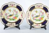 Bavaria (1747),  - Par de pratos de porcelana alemã da Bavaria decorados com aves do paraíso e flores em policromia, bordas em azul cobalto recortadas, detalhes vazados.