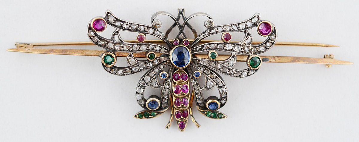ART NOUVEAU - Broche barrete Doublé D'or com diamantes, safiras e...
