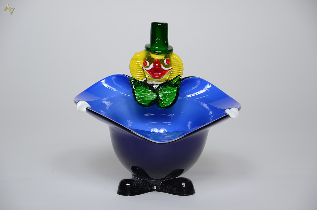 Baleiro de murano feitio palhaço na cor azul. Altura 22 cm. - foto 1 de 2
