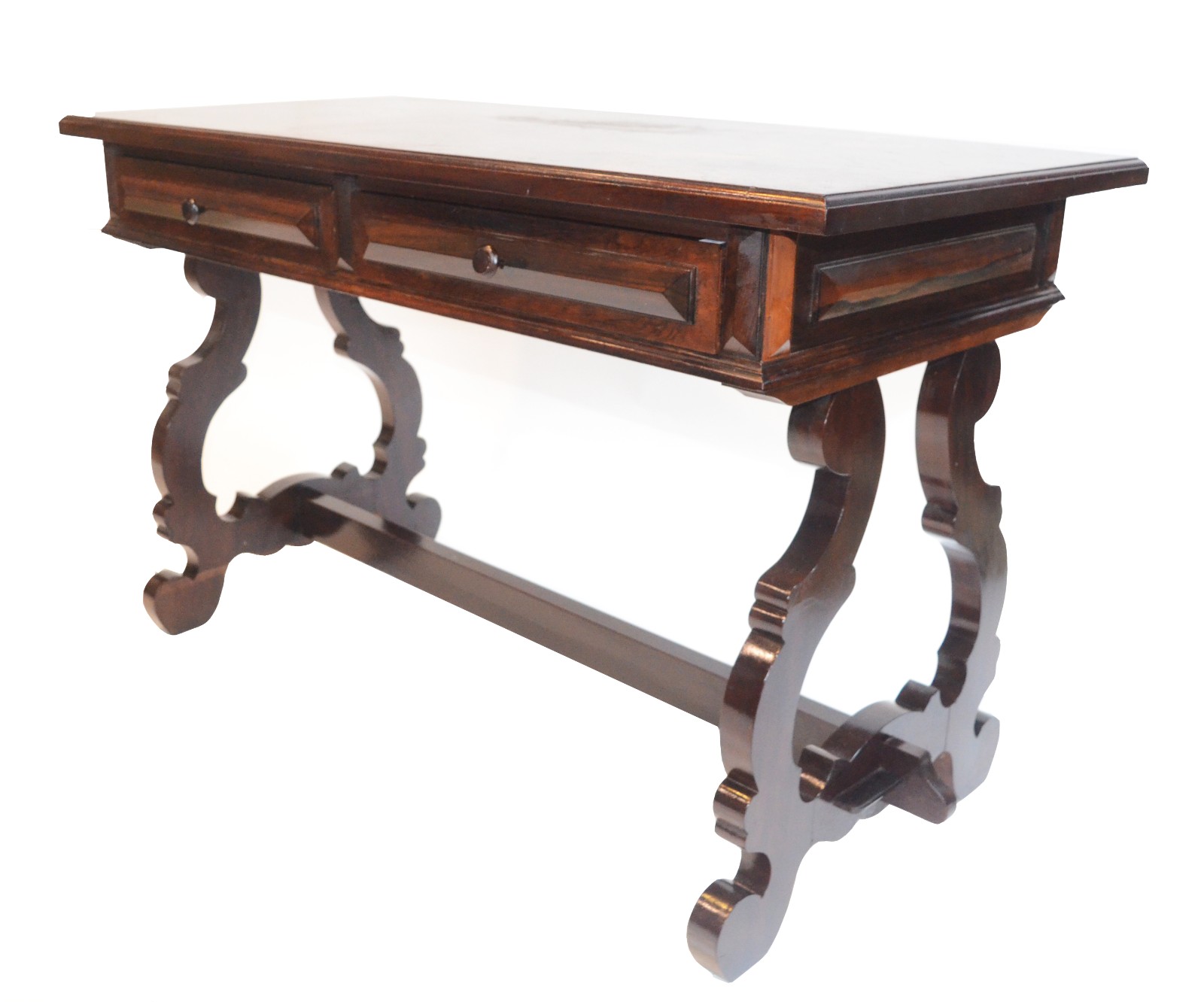 Mesa de escritório de jacarandá com duas gavetas, pernas na forma de... - foto 1 de 6