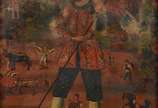 Escola Cusquenha (1538), San Isidro Labrador - Óleo sobre tela. Moldura ricamente trabalhada com espelhos e dourações. Desgastes na pintura.