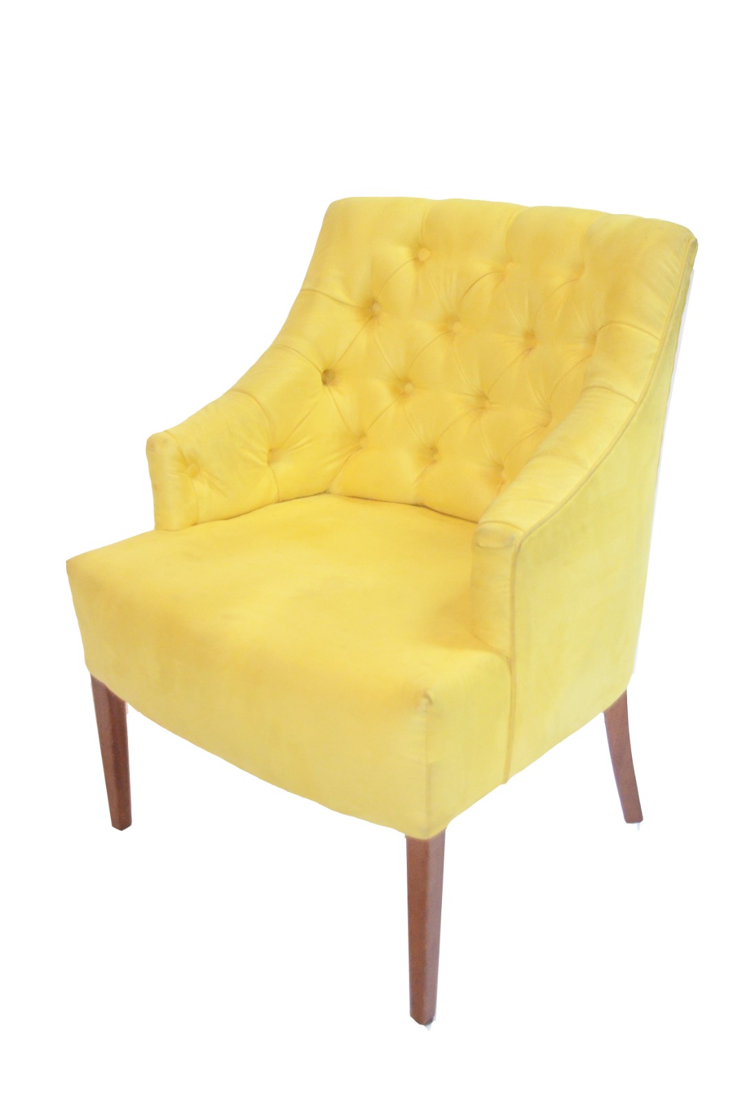 Poltrona estofada e forrada com tecido amarelo, encosto em capitoné... - foto 1 de 5