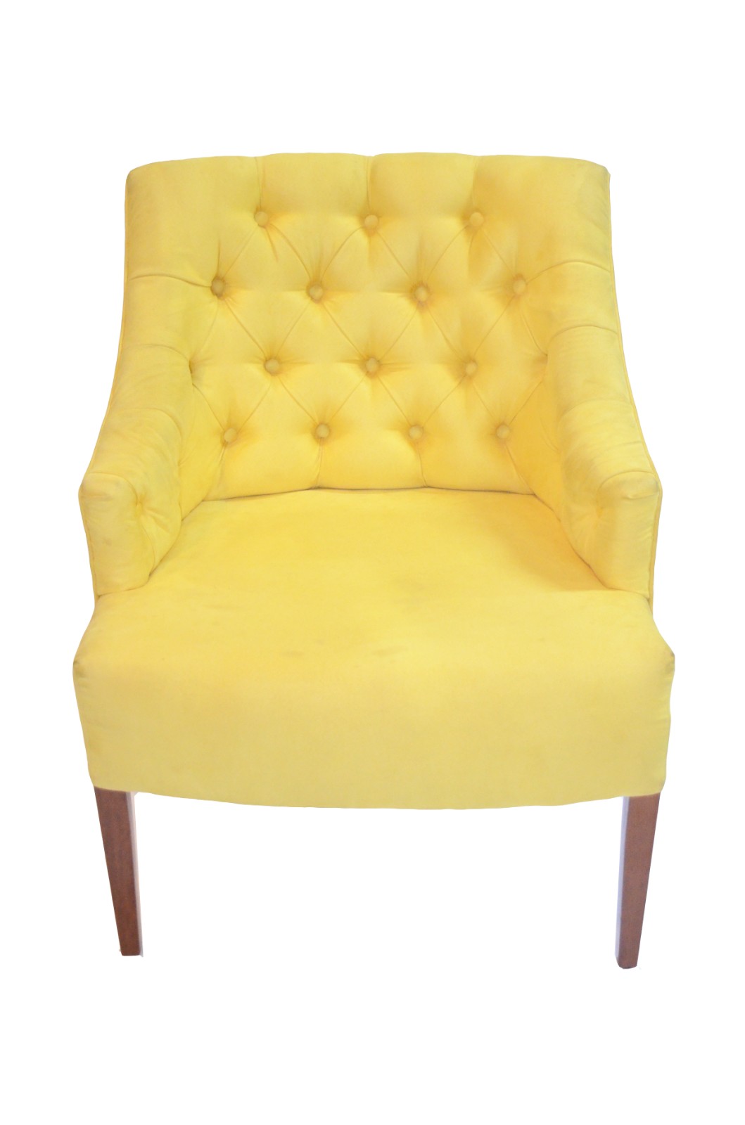 Poltrona estofada e forrada com tecido amarelo, encosto em capitoné... - foto 2 de 5