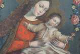 Escola Cusquenha (1538), Madona com menino - Óleo sobre tela. Moldura com rico trabalho de entalhe e douração.