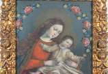 Escola Cusquenha (1538), Madona com menino - Óleo sobre tela. Moldura com rico trabalho de entalhe e douração.